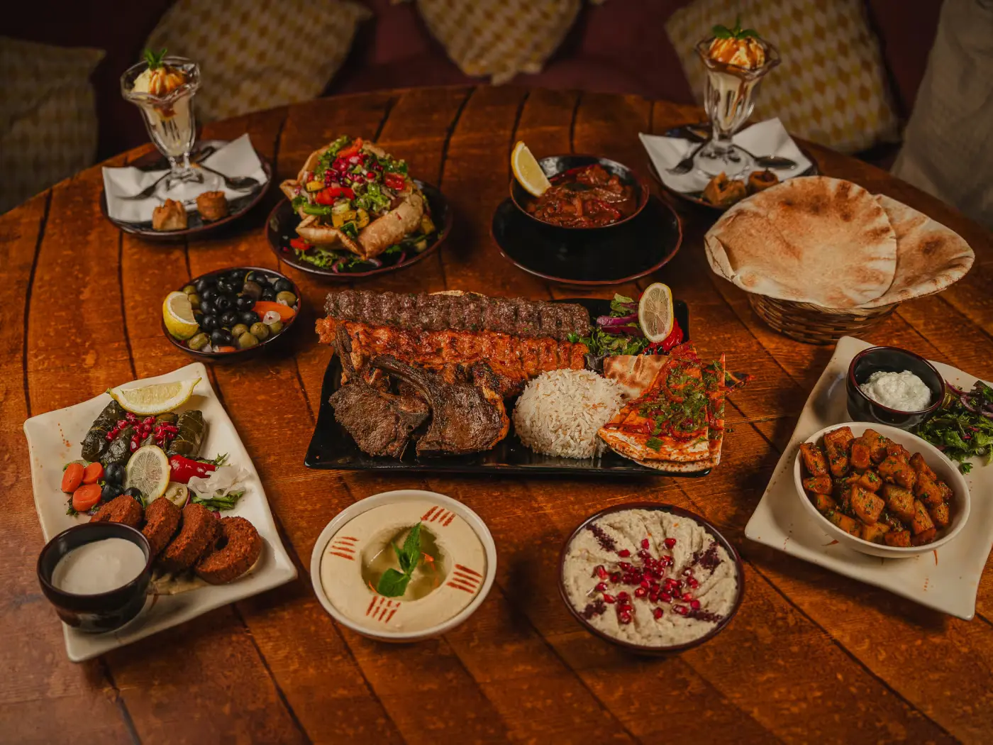 Full Lebanese banquet with grills, mezze and desserts from above at Beirut Restaurant, captured by Gorka Di Capitan (gorkadicapitan.com), food photography